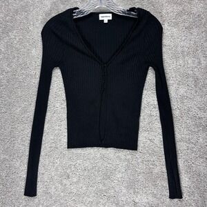 superdown Black Ribbed Hook and Eye V-Neck Cardigan Top Small Long Sleeve Slim